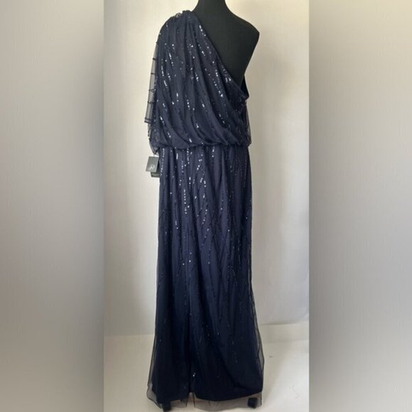 Adrianna Papell - Long Sequins Beaded One-Shoulder Gown - Dusty Navy. Size: 18W - Picture 4 of 16